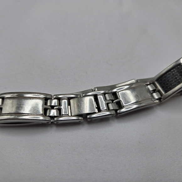 Men Stainless Steel Black Carbon 18K GP Three Tone Link Bracelet Signed Alpine - Picture 9 of 12